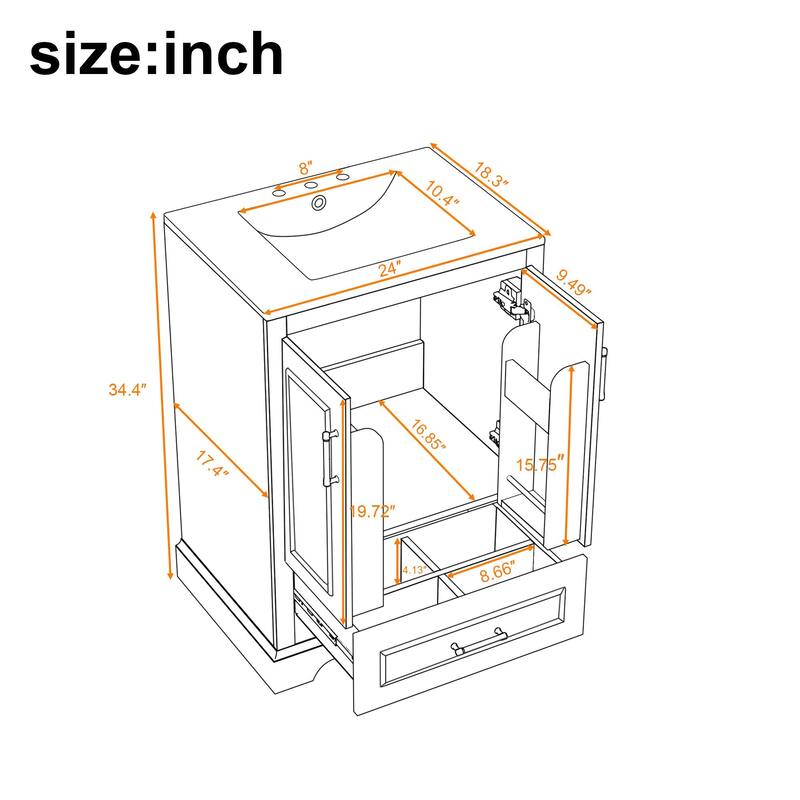 24" Bathroom Vanity with Sink - MDF/Solid Wood, 1 Drawer & 2 Soft-Close Doors with Storage Racks