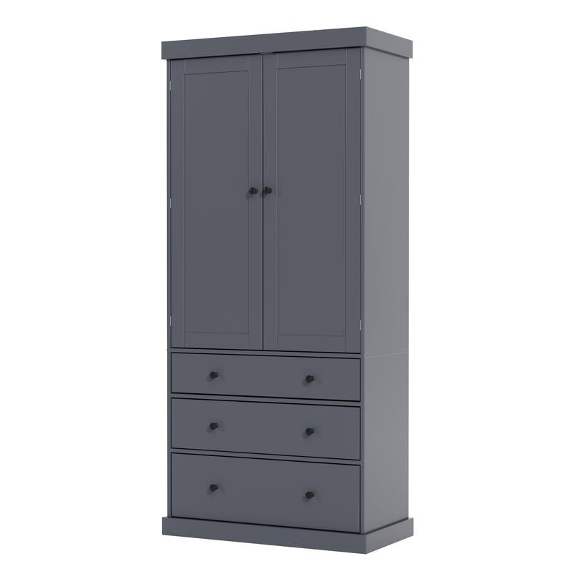 77" Farmhouse Kitchen Pantry, Freestanding Tall Cupboard Storage Cabinet with 3 Adjustable Shelves, 8 Door Shelves, 3 Drawers