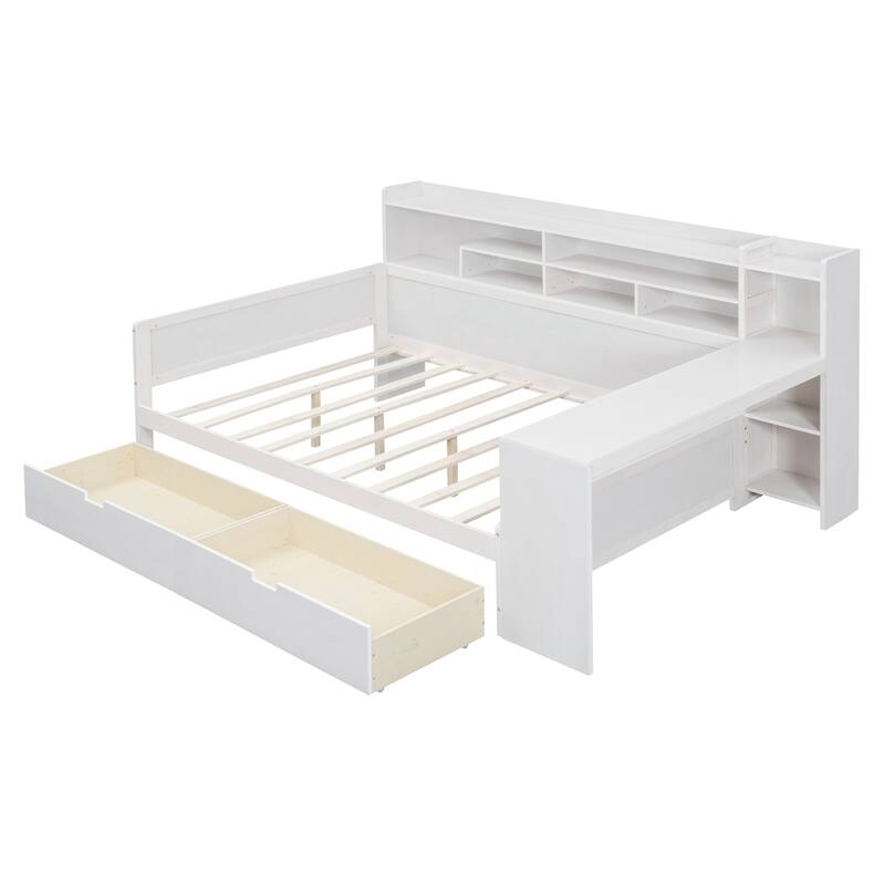 Wooden Daybed with Storage Shelves, Multi-functional Bed with Two Storage Drawers and Study Desk