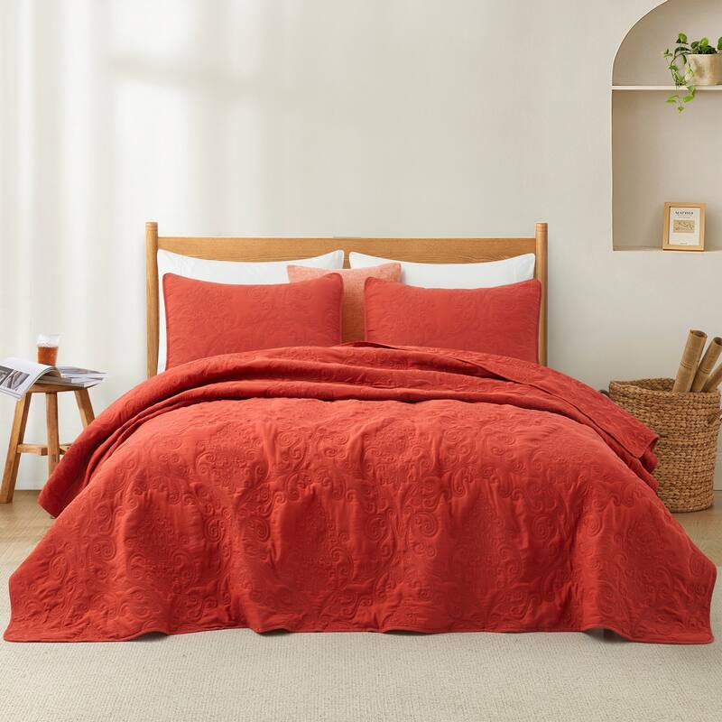 3-Piece Reversible Ultra Lighweight Coverlet Premium Microfiber Bedspread Quilt Set - Red - 90" x 90"