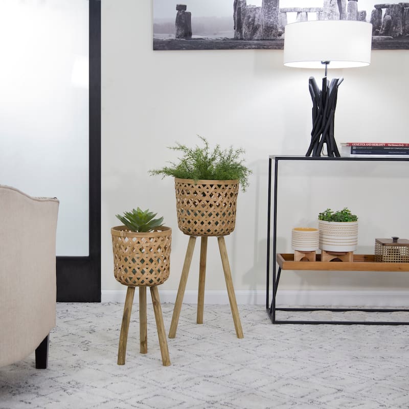 Sagebrook Home Neutral Boho Wicker Planter Stand Set, Versatile Indoor Garden Decor