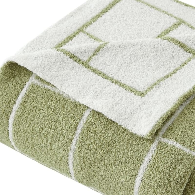 HomeRoots 50" X 60" Green and White Fleece Knitted Geometric Plush Throw Blanket