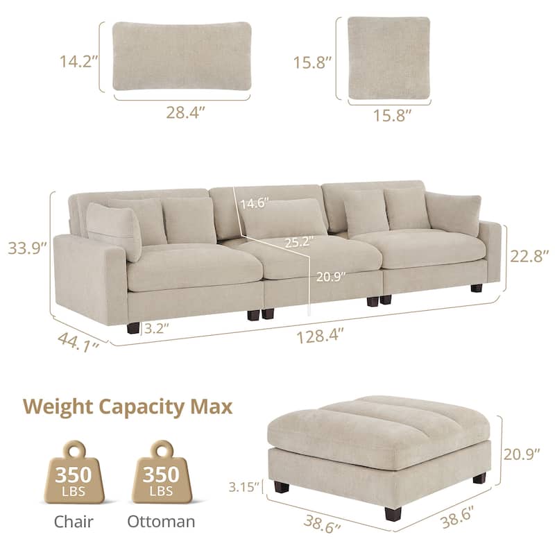 128.4 Inch Chenier Combination Sofa (With Pillow And Ottoman) - 128.4"W X 44.1"D X 33.9"H
