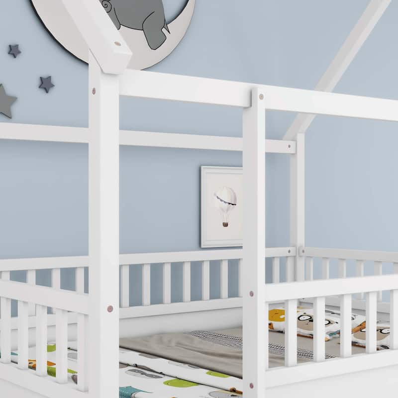 Full Size Floor Wooden Bed with Fence Guardrails
