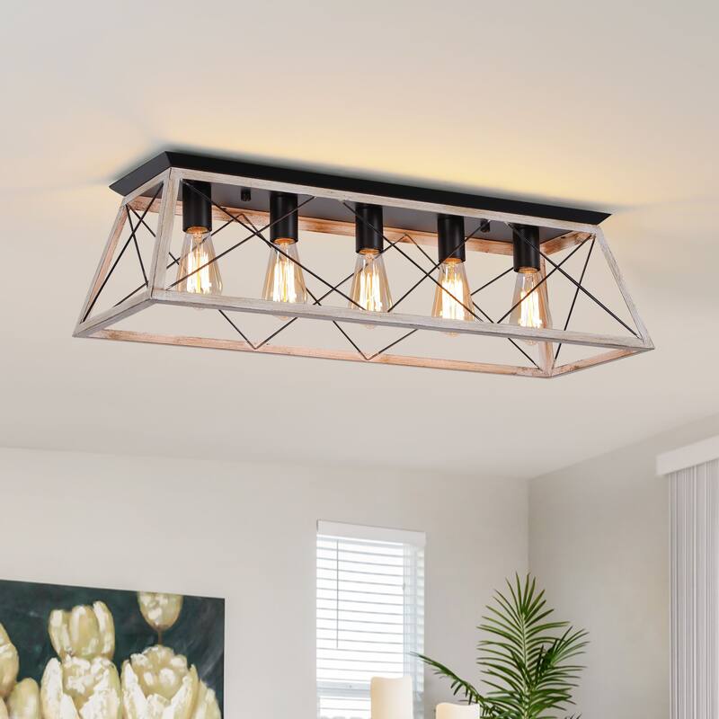 Starsky Farmhouse Rectangular Flush Mount Ceiling Light with Open Cage Design - White