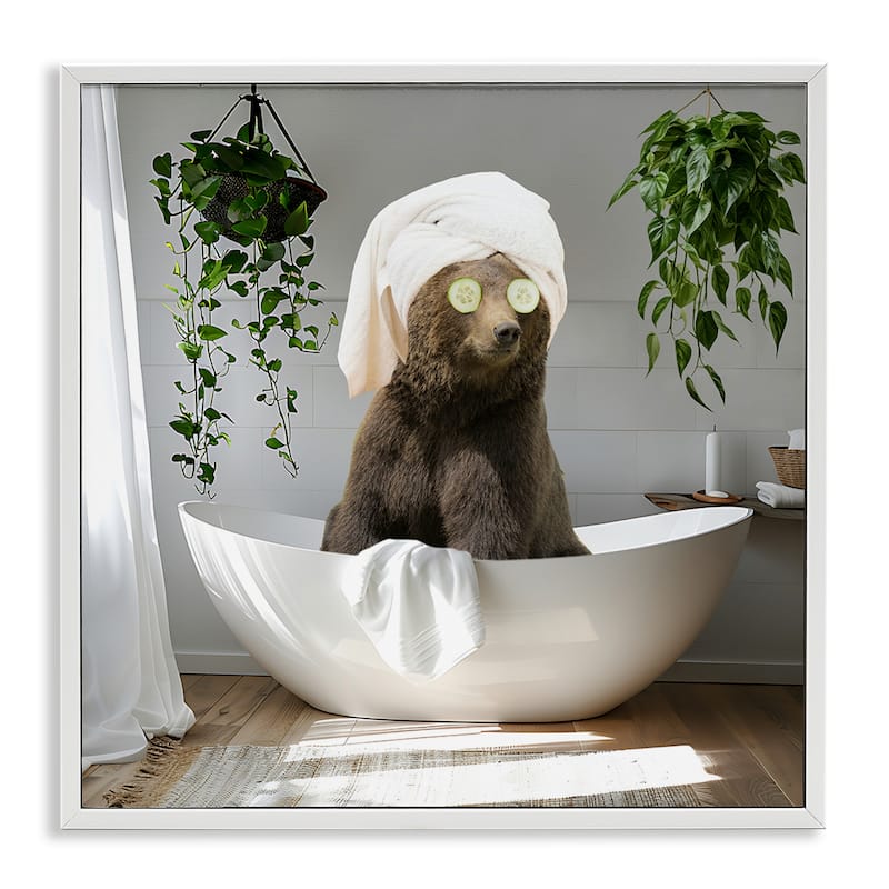 Stupell Bear in Refreshing Spa Bath Framed Giclee Art Design By CAD Designs - 12 x 12 - White