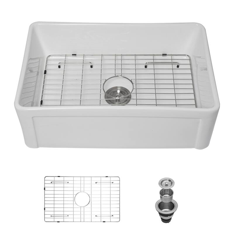White Farmhouse Sink - 30 inch Kitchen Sink Apron-front White Ceramic Reversible Single Bowl Kitchen Farm Sinks - 30*20*10