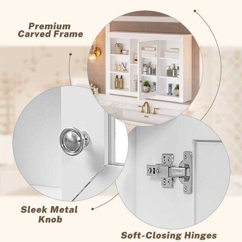 42"Wall Mounted Bathroom Storage Cabinet, Modern Wall Cabinet with Mirror, Mirror Cabinet with 6 Open Shelves