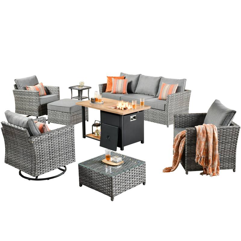 HOOOWOOO 10-piece Outdoor Grey Wicker Patio Furniture Set with Fire Pit Table