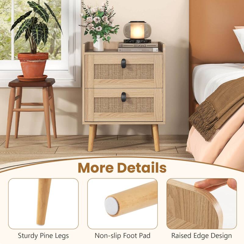 Costway Modern Nightstand End Bedside Table with 2 Rattan Drawers & - See Details