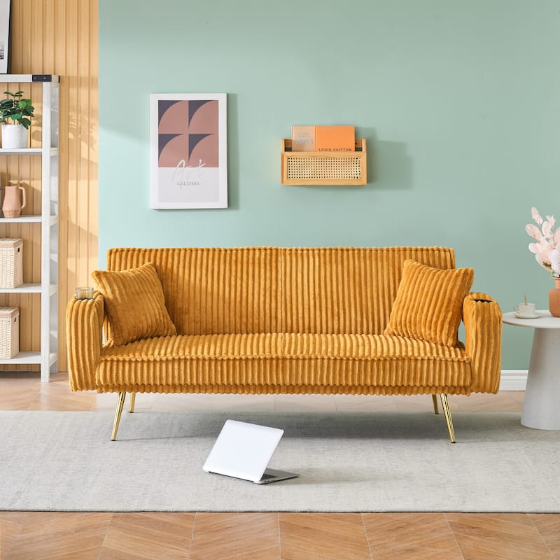 Loveseat Sofa, Adjustable Backrest Corduroy Love Seat Bed w2 Cup holder & 2 Pillows Living Room 2-seat Hollow Armchair - Orange