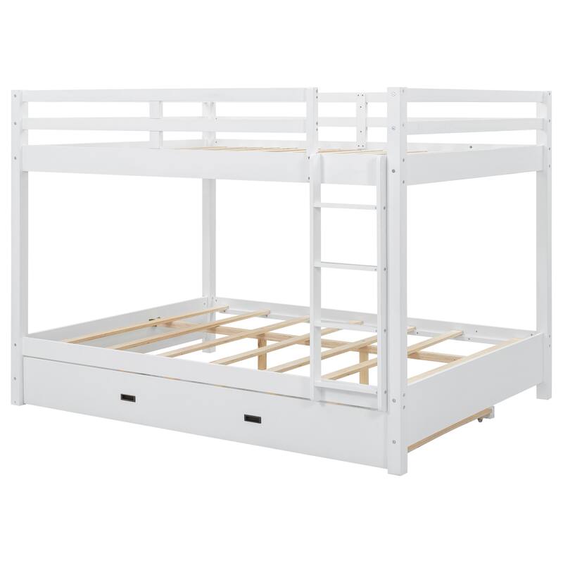 Wood Queen Size Bunk Bed with Ladder and Trundle