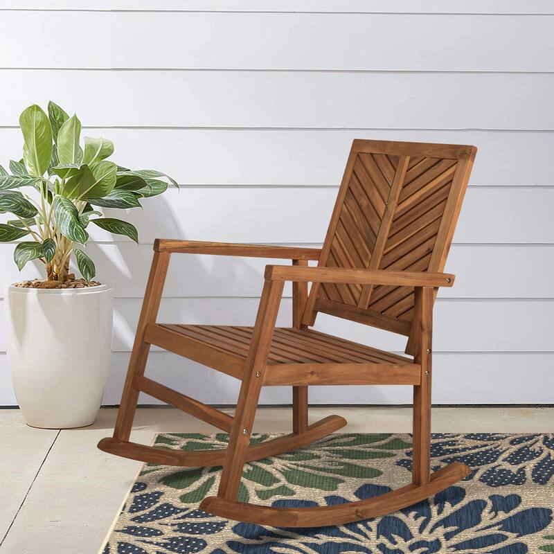 Carey Modern Chevron-Back 300-Lbs Support Acacia Wood Patio Outdoor Rocking Chair, by JONATHAN Y - 22.4"
