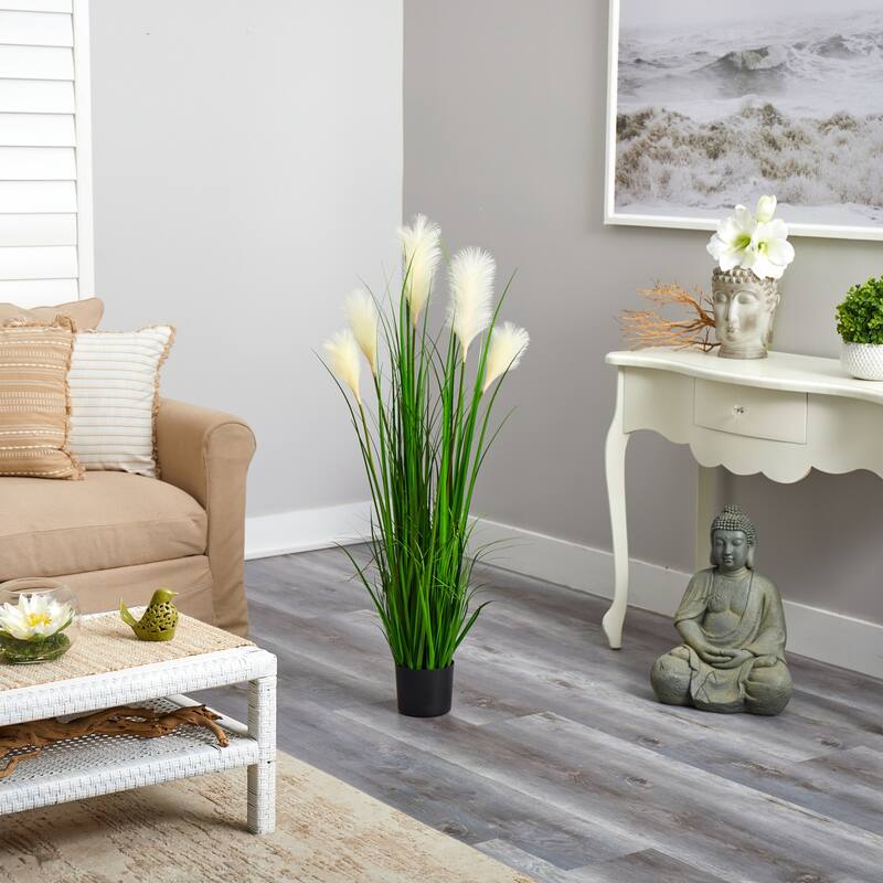 Artificial Plume Grass Plant 4ft - Elegant Faux Greenery for Home Decor - Indoor Decorative Grass Bush - Green
