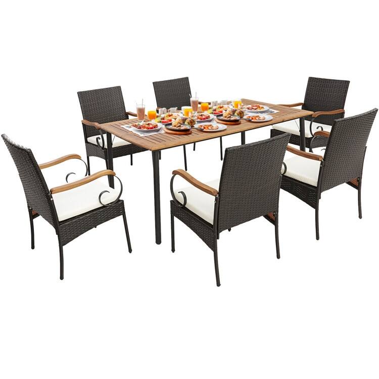 Patio Wicker Dining Set with Detachable Cushion and Umbrella Hole - 63" x 36" x 30" (L x W x H)