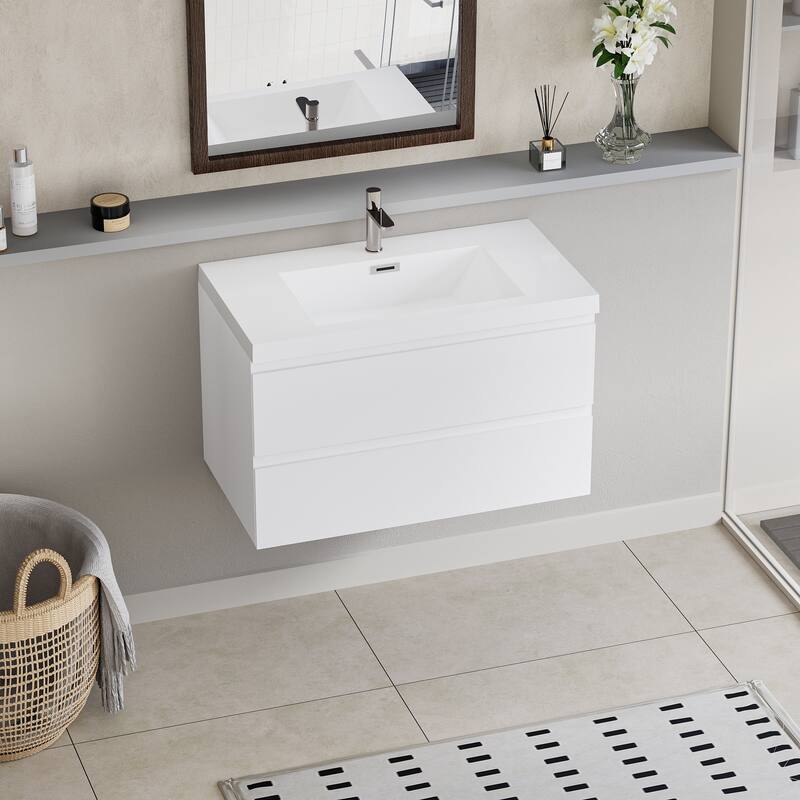 35.5-Inch Floating Bathroom Vanity with Glossy Resin Sink, Ash Grey Color, Wall-Mounted Design, 2 Drawers