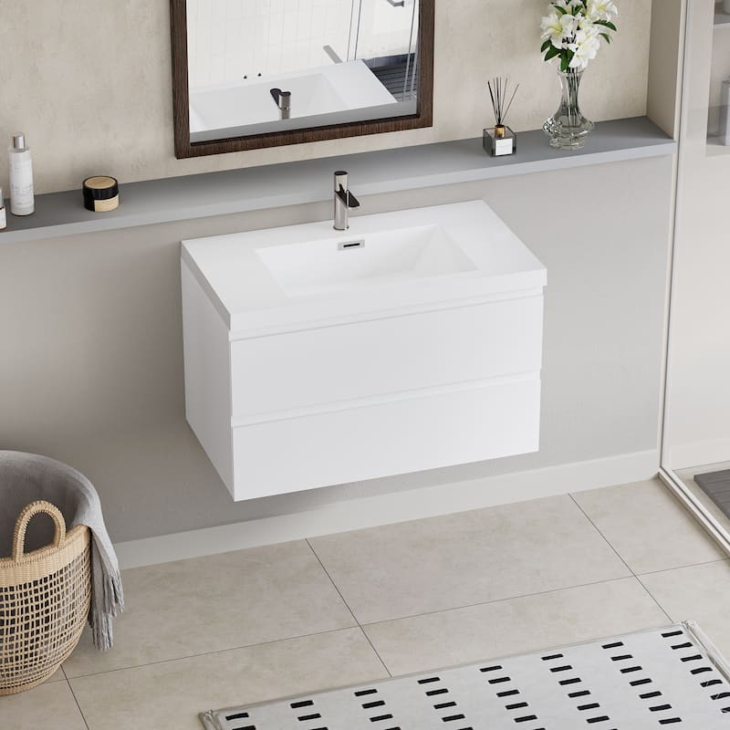 36" Modern Wall-Mounted Floating Bathroom Vanity with Sink, Drawers - Glossy White