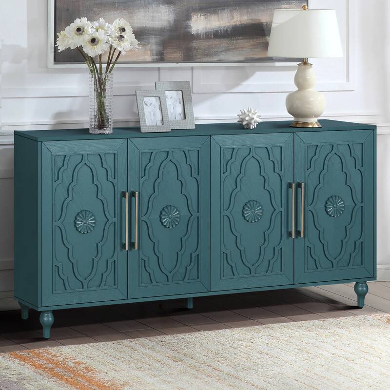 Roomfitters 63" Navy Blue Storage Cabinet, Large 4-Door Sideboard with Carved Flower Detail & Metal Handles