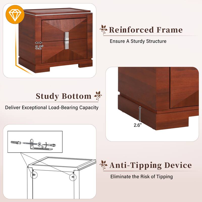 Mid-Century Modern 2-Drawer Diamond Wood End Table with Storage - Dark Brown