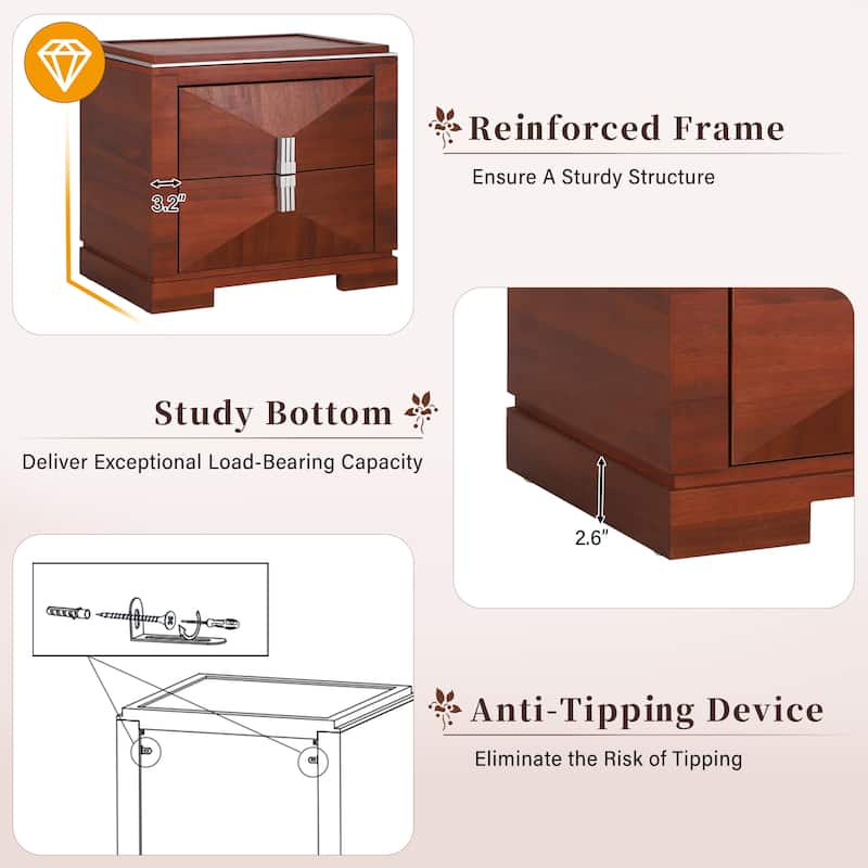 Mid-Century Modern Nightstand for Bedroom, 2 Drawers Sofa Side Table, Wooden Diamond Shaped Bedside Table