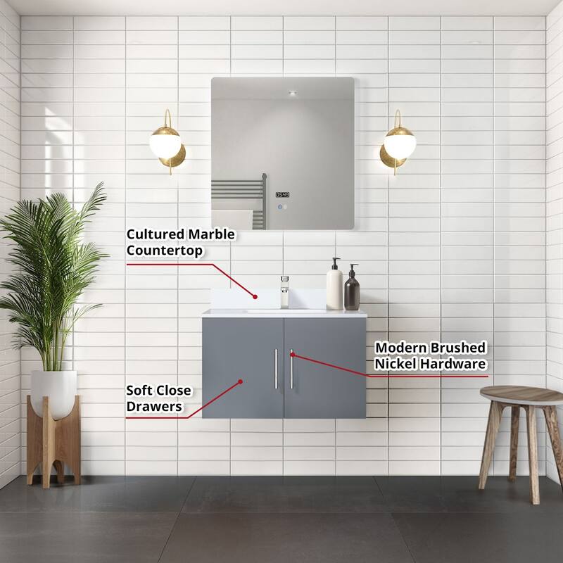 Geneva 30 in. W x 22 in. D Dark Grey Bath Vanity, Cultured Marble Top, and 30 in. LED Mirror