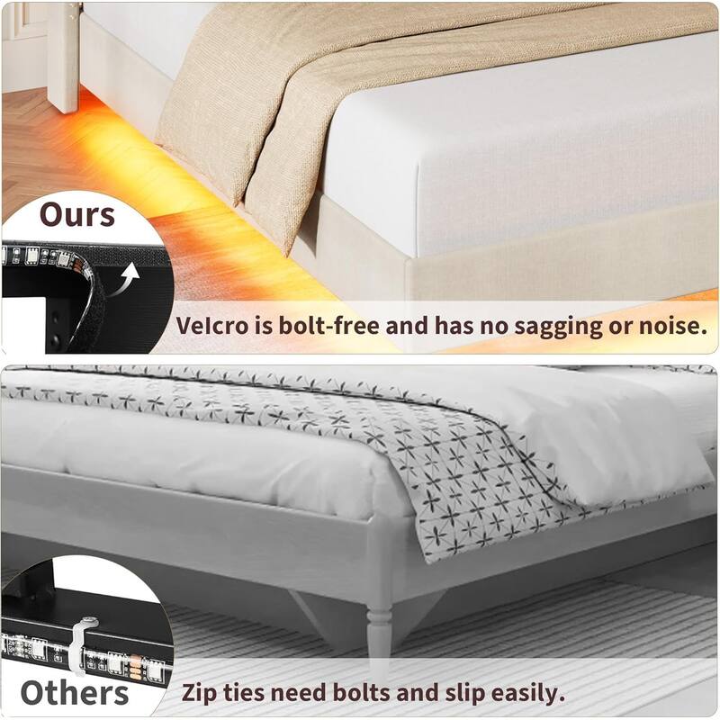 Full/Queen Floating Bed Frame with LED Lights & Charging Station, Upholstered Platform Beds with Storage Headboard