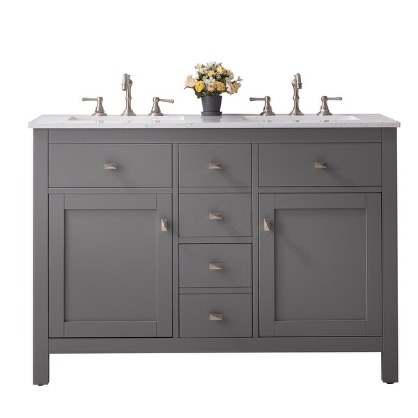 Totti Artemis 48" Gray Transitional Double Sink Bathroom Vanity w White Carrara Style Man-Made Stone Top. Opens flyout.