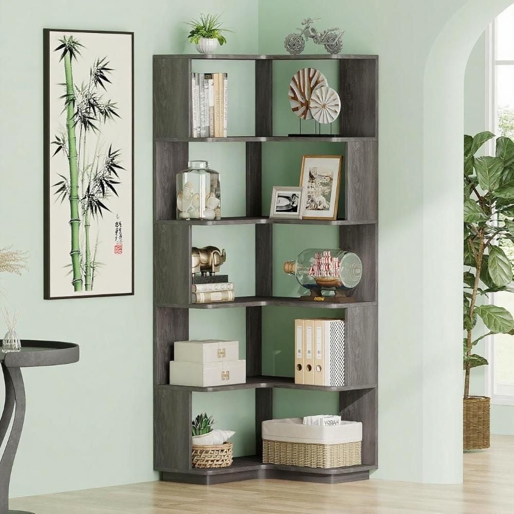 5-Tier High Bookshelf, wooden arched bookshelf, 23.62"L x 23.62"W x 64.96"H, suitable for living rooms, storage cabinets