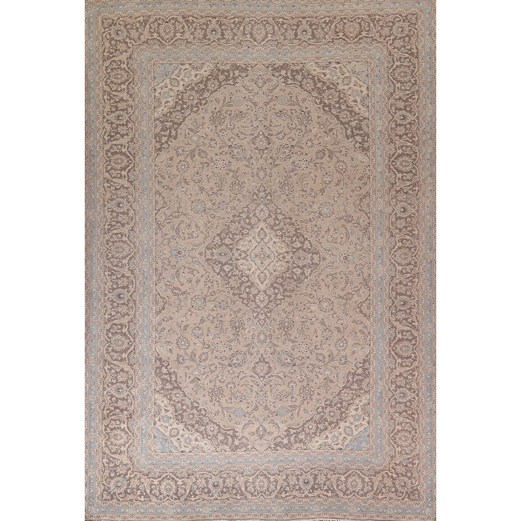 Traditional Mashad Persian Vintage Area Rug Handmade Beige Wool Carpet - 9'5"x 12'8"