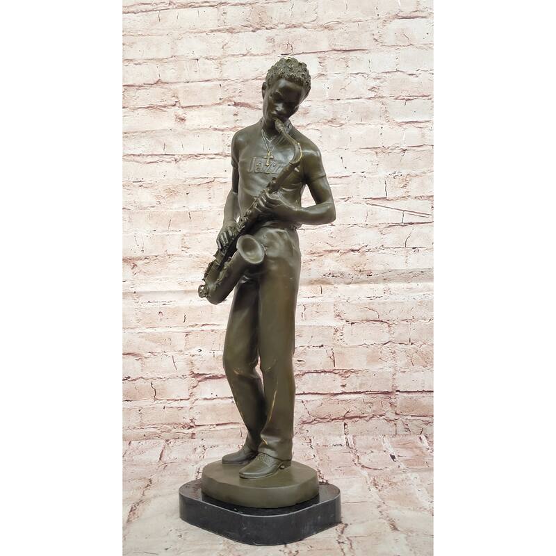 Bronze Jazz Musician Playing Saxophone On Marble Base