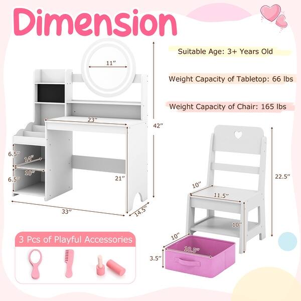 Gymax Kids Vanity Table Set w/ Lighted LED Mirror Princess Dressing