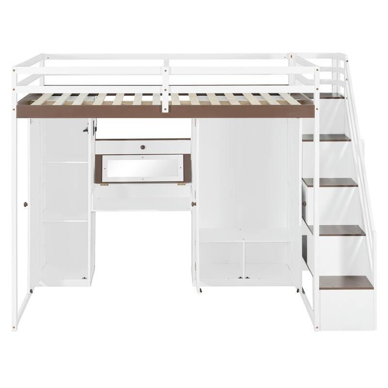 Full Size Loft Bed Frame for Kids with Storage Staircase, Wardrobe, Cabinets, USB, LED and Dressing Table with Mirror and Drawer