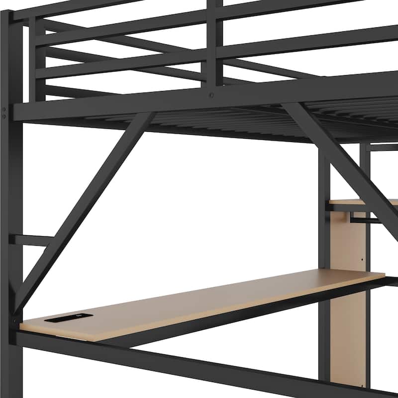 Iron Loft Bed Frame with Desk, Charging Station, Bedside Shelf and Wardrobe, Heavy Duty Metal Loftbed with LED Lights
