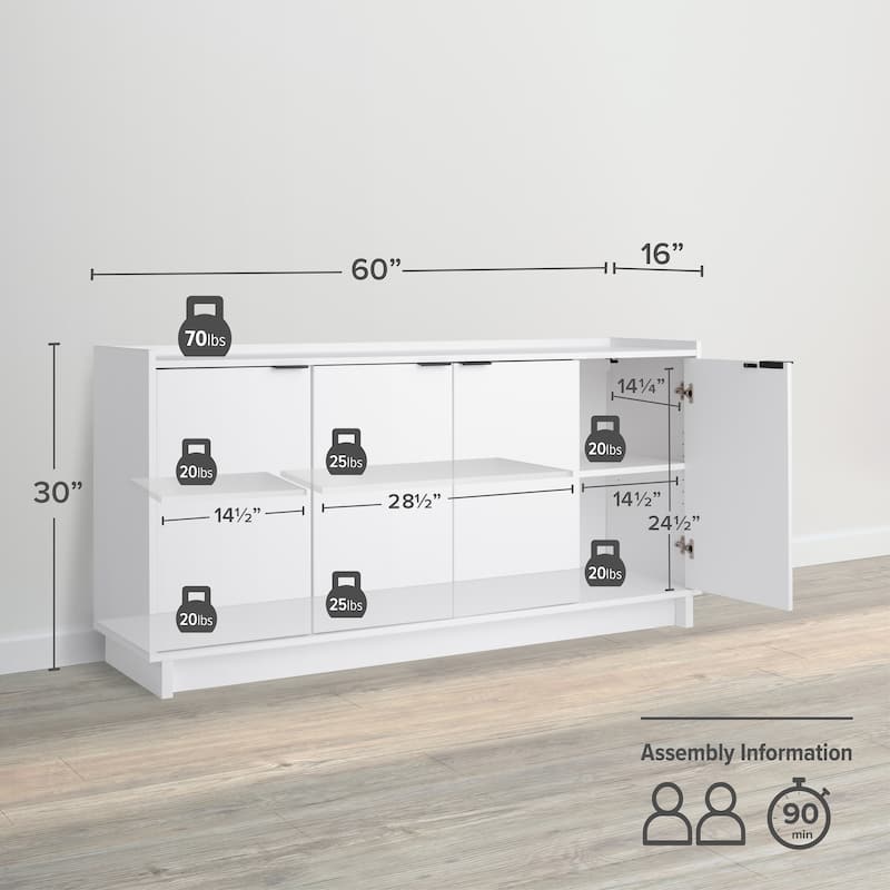 Prepac Simply Modern 4 Door 60" W x 30" H x 16" D Storage Cabinet - 60 in W x 30 in H x 16 in D