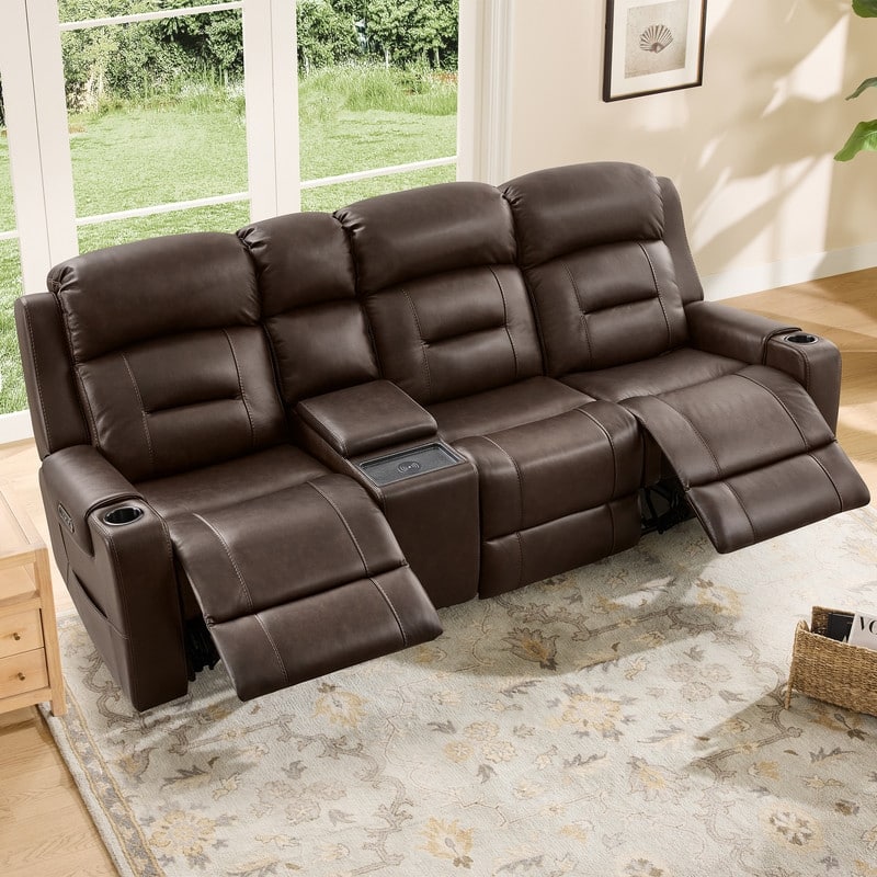 Spruce & Spring Genuine Leather Power Reclining Sofa with Wireless Charging - 3PC+Console - Brown