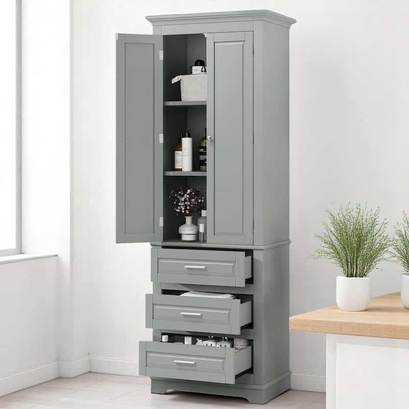 Vertical Bathroom Cabinet with 3 Drawers, 2 Doors, Adjustable Shelf, Anti-Tip Kit, MDF Storage Unit