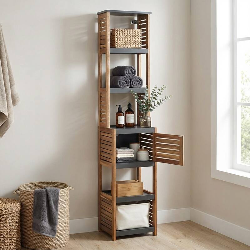 Tall Bathroom Storage Cabinet with Multiple Shelves and Vented Door - 15.3"L x 11.12"W x 67"H