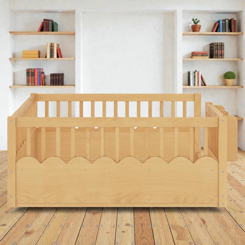 Twin Floor Bed with Heightened Fence and Bookshelf, Wooden Montessori Floor Bed for Kids, Low Profile Design
