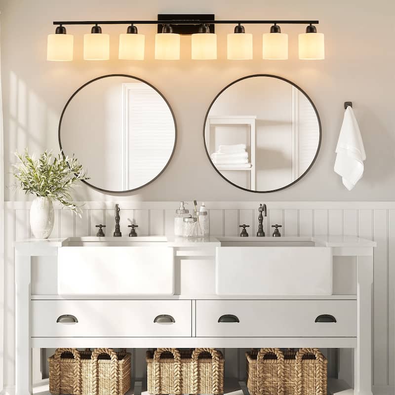 8-Light 52" Matte Black Bathroom Vanity - White Frosted Glass - Wall Sconce for Bedroom, Hallway