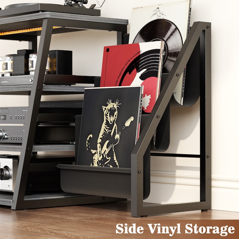 4-Tier Record Player Stand with Vinyl Record Storage ＆ LED Light ＆ Charging Station, Record Player Table, Media Console