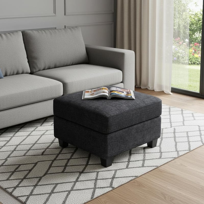 HomeRoots 26" Beige and Black Chenille Storage Ottoman - Gray