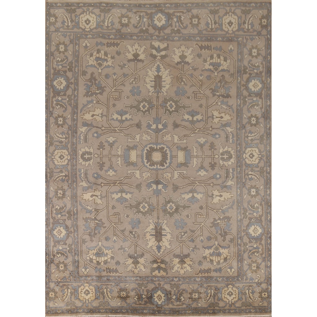 Grey Floral Oushak Indian Area Rug Handmade Wool Carpet - 9'1" x 12'0"