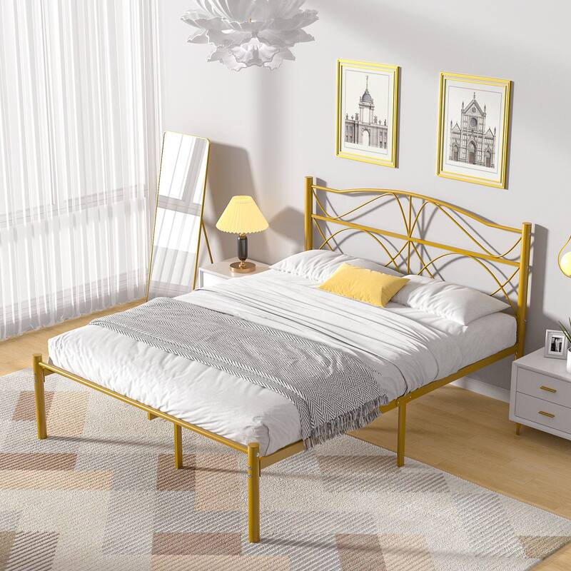 VECELO Wave Design Metal Bed Frame with 12.6" Underbed Storage High Headboard Industrial Platform Bed