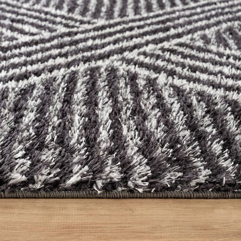 Abstract Geometric Shag Rug - Anthracite Dark Gray - Medium Pile Rug - Kid & Pet Friendly