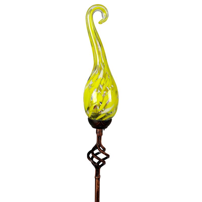 Exhart Solar Hand Blown Pearlized Glass Spiral Flame Garden Stake with Metal Finial Detail, 36 Inch