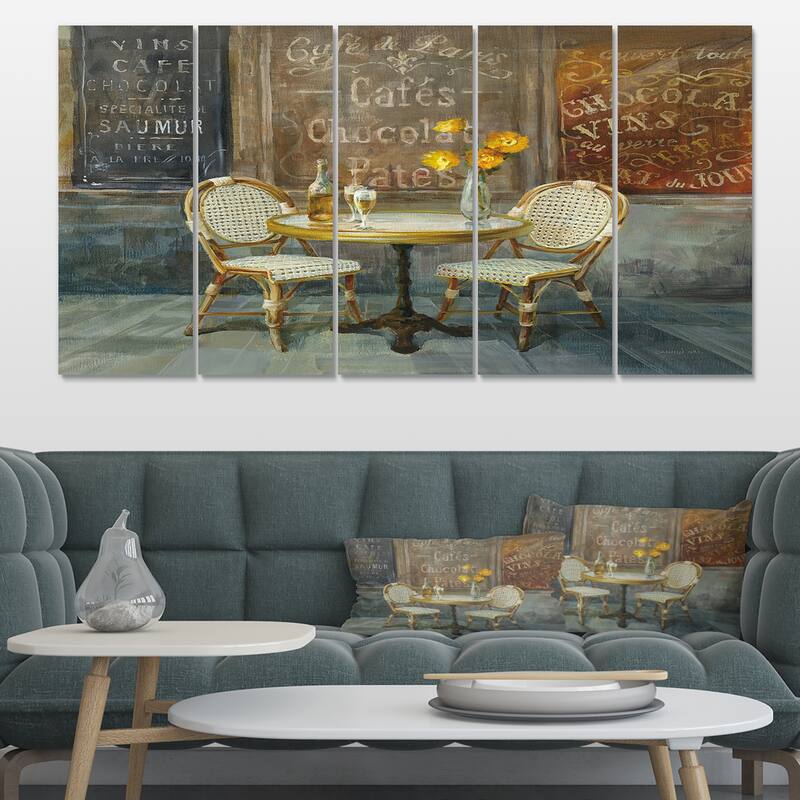 Designart "French Cafe" Traditional Canvas Artwork Print - 60 in. wide x 28 in. high - 5 Panels Equal Panels
