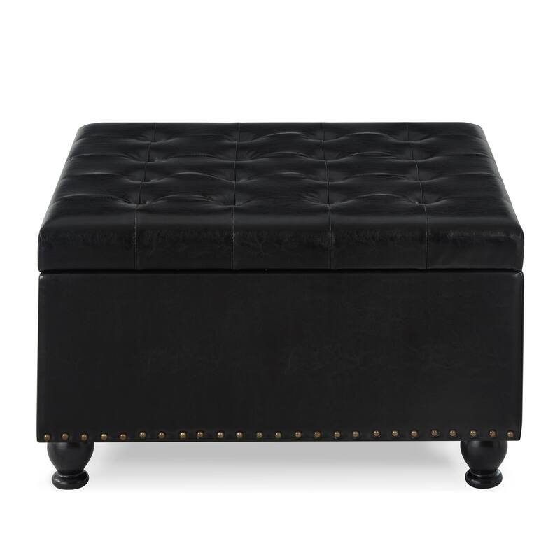 30" Faux Leather Storage Ottoman with Nail Trims & Wooden Legs - Multi-Use