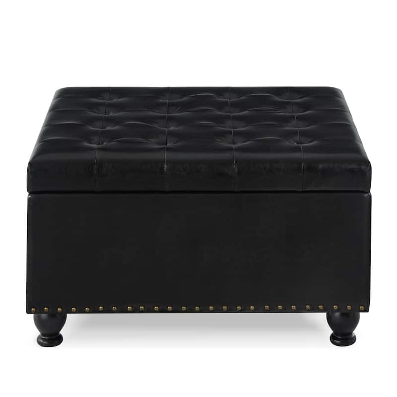 PU Leather Square Storage Ottoman, Upholstered Button Tufted Footstool with Nail Trims, Coffee Table with Spindle Wooden Legs