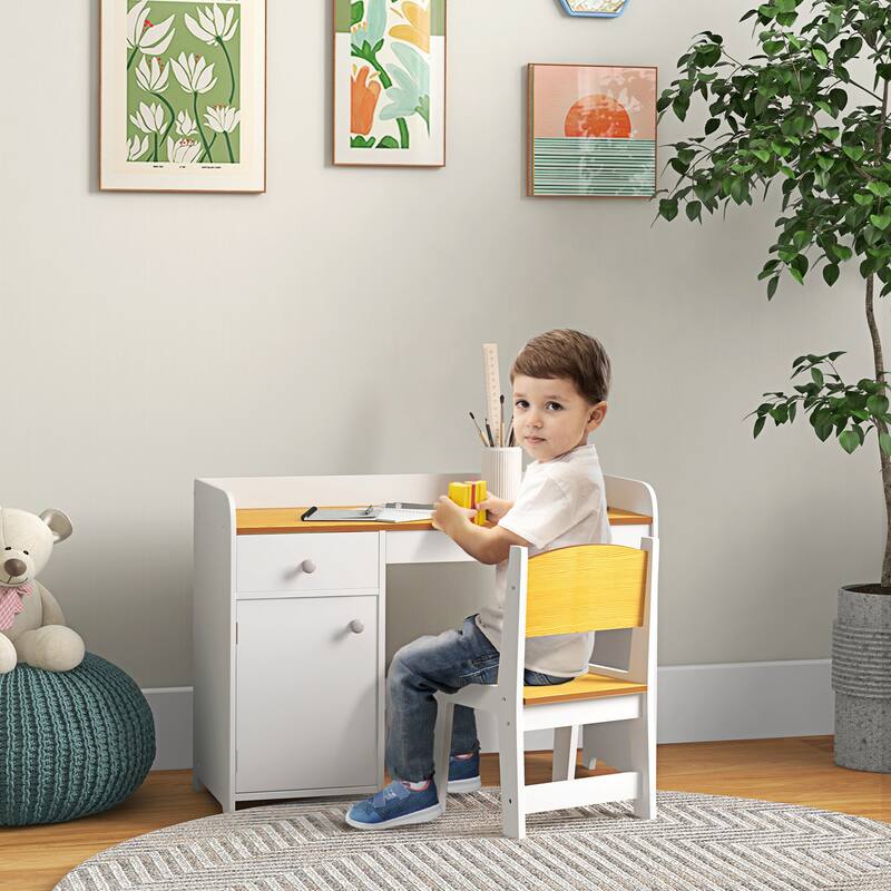 Qaba Kids Desk and Chair Set with Storage Drawer, Study Desk with Chair for Children for Arts & Crafts, White