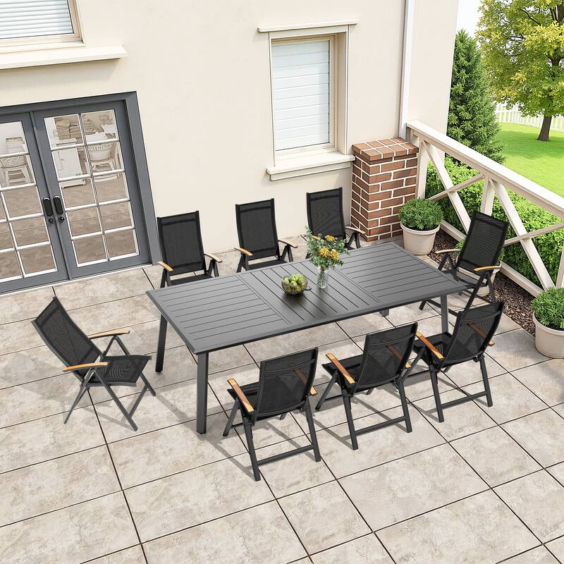 7/9-Piece Outdoor Dining Set Aluminum Patio Dining Table with Umbrella Hole and Adjustable Folding Chairs - Black table - 93.9 inches long